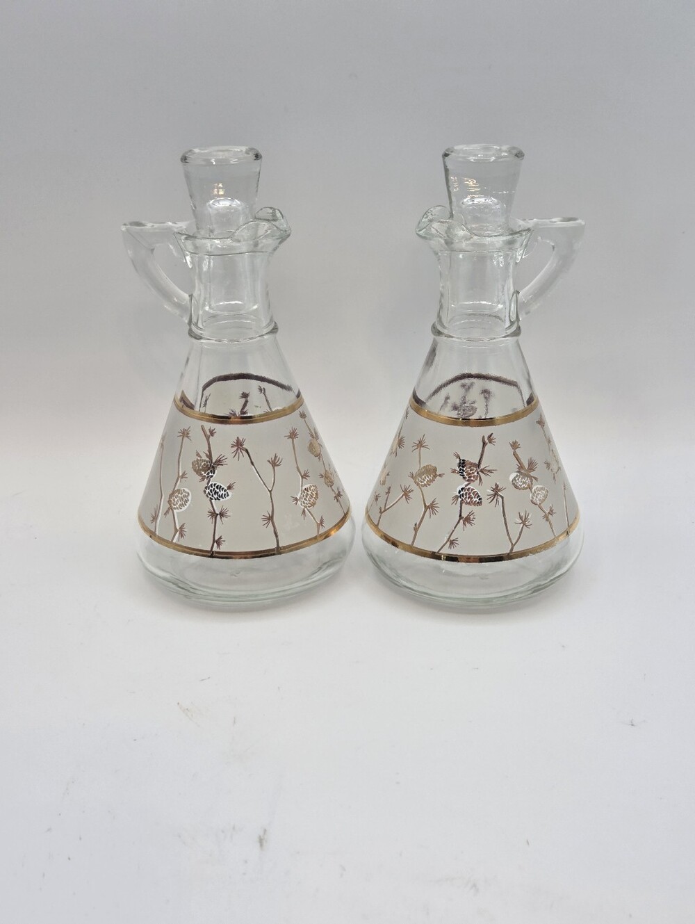 Rare Hazel Atlas Golden Pinecone Oil and Vinegar Cruet Set